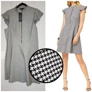 NWT Rachel Zoe Flutter Sleeve A-Line Dress Black White Plaid Houndstooth Size 14